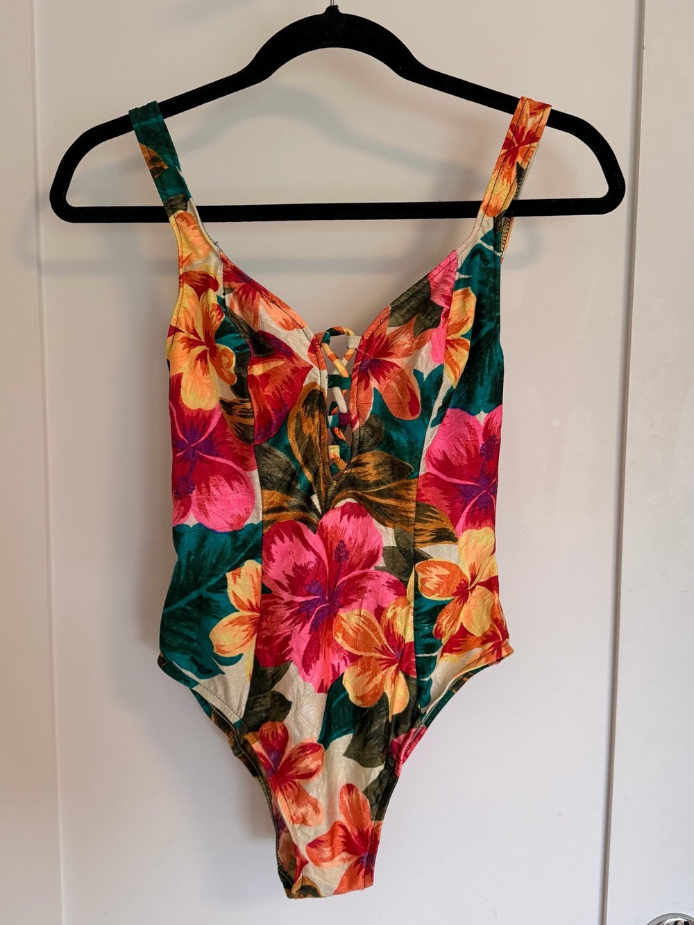 Vintage Floral One-Piece Swimsuit - Pink, Yellow & Green